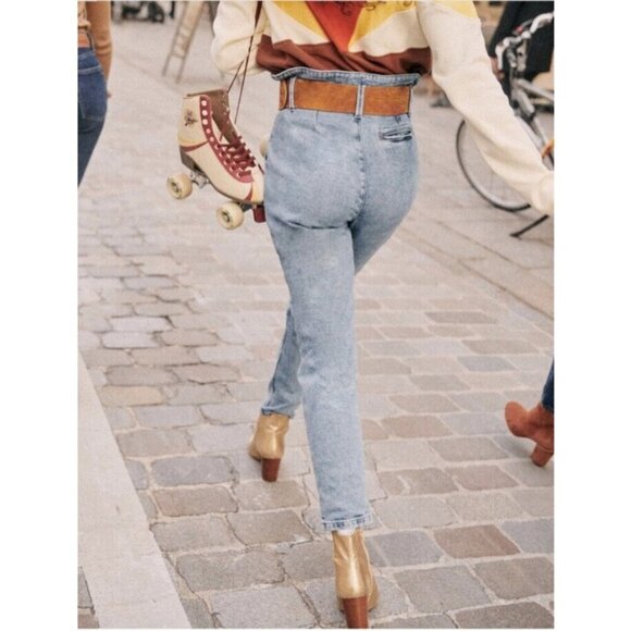 💕SEZANE💕 Austin Belted Paperbag Denim Trousers ~ Bleached Blue FR 36 NWOT - Picture 11 of 16